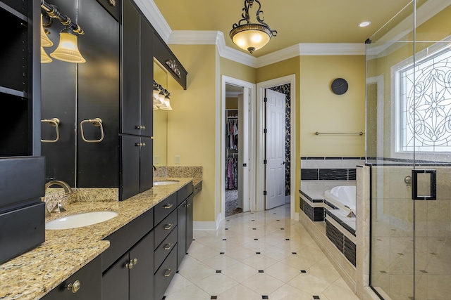 full bath with double vanity, ornamental molding, a sink, a shower stall, and a bath