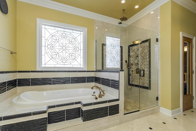 full bathroom with baseboards, a shower stall, a bath, tile patterned floors, and crown molding