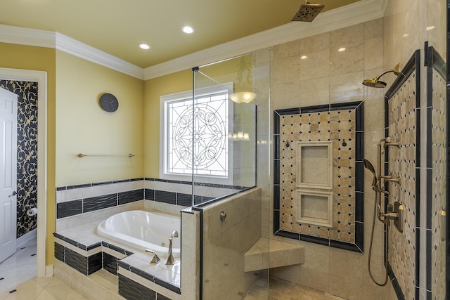 bathroom with a walk in shower, tile patterned flooring, recessed lighting, a bath, and crown molding