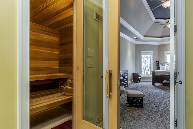 view of sauna with carpet floors and baseboards