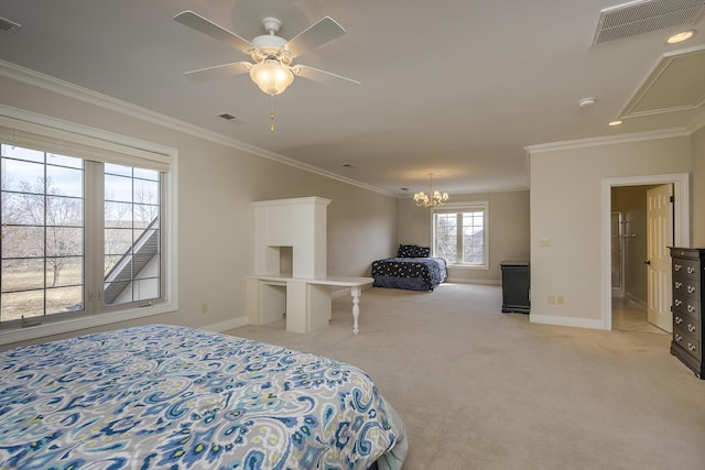 bedroom featuring light colored carpet, visible vents, crown molding, and baseboards