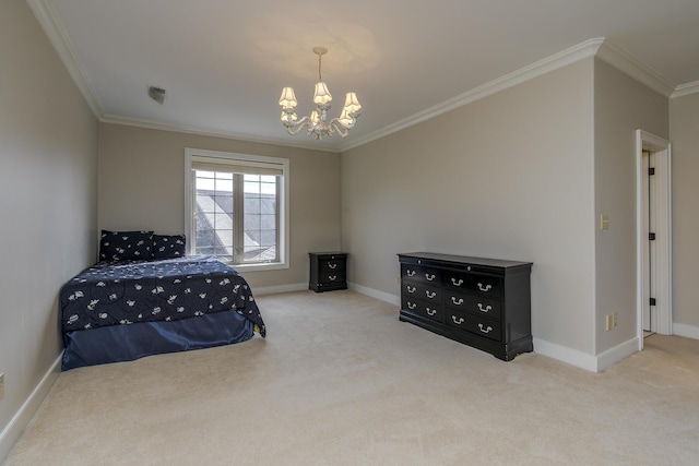 carpeted bedroom featuring baseboards, visible vents, ornamental molding, and a chandelier