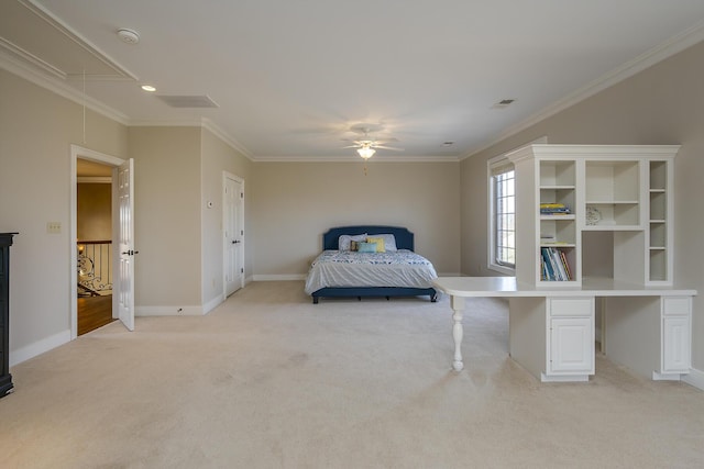 bedroom featuring light carpet, attic access, visible vents, baseboards, and ornamental molding