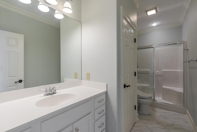 bathroom with toilet, vanity, marble finish floor, a stall shower, and crown molding