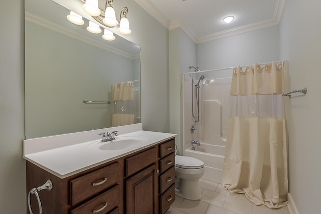 bathroom with toilet, ornamental molding, tile patterned floors, shower / bathtub combination with curtain, and vanity