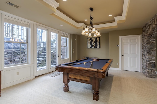 playroom with light carpet, visible vents, ornamental molding, pool table, and a tray ceiling