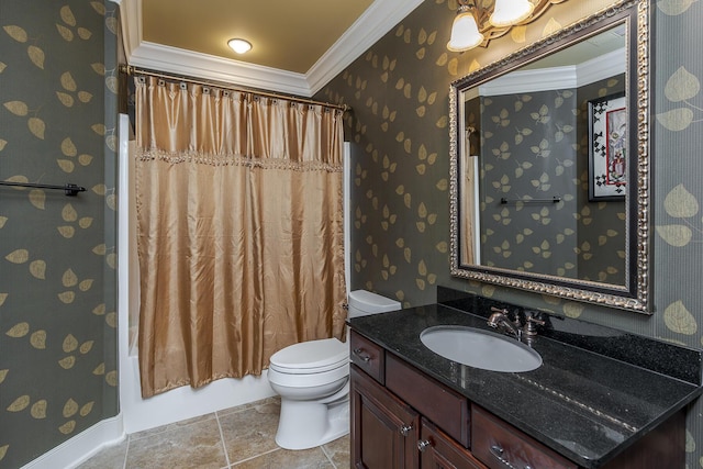 full bathroom with ornamental molding, vanity, toilet, and wallpapered walls