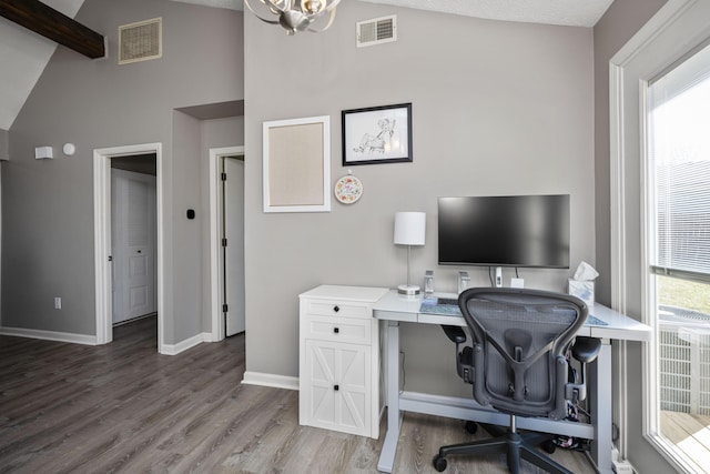 office area with visible vents, vaulted ceiling with beams, baseboards, and wood finished floors