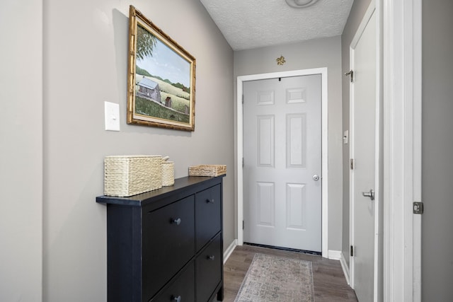 entryway with a textured ceiling, wood finished floors, and baseboards