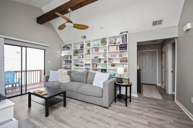 living area featuring high vaulted ceiling, light wood-style flooring, visible vents, baseboards, and beamed ceiling