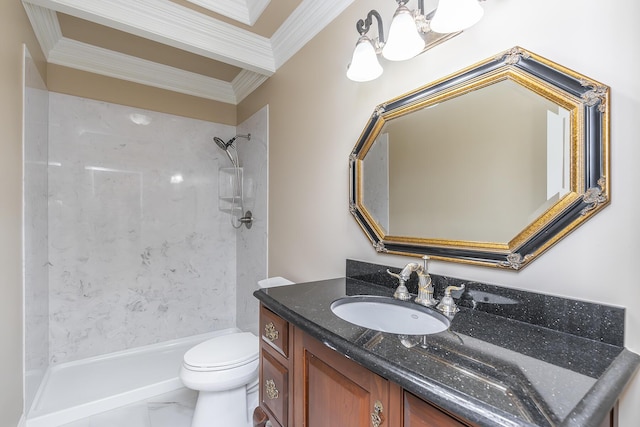 full bath with vanity, ornamental molding, toilet, and walk in shower