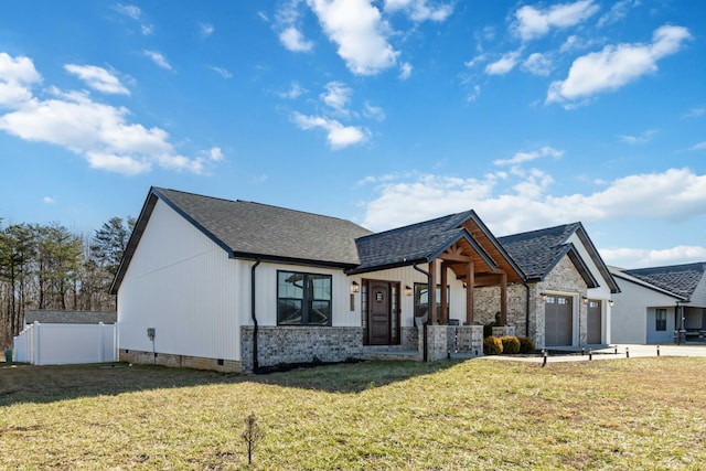 modern inspired farmhouse with crawl space, a front lawn, and roof with shingles