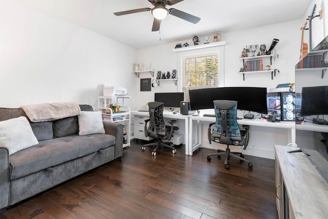 office area featuring dark wood-style floors and a ceiling fan