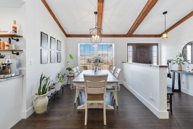 dining space with vaulted ceiling with beams, baseboards, a chandelier, and dark wood-style flooring