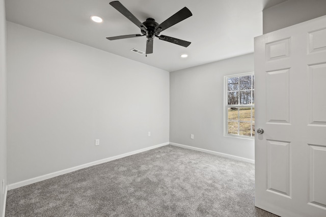 unfurnished room featuring ceiling fan, recessed lighting, visible vents, baseboards, and carpet