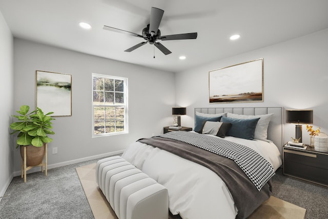 bedroom featuring baseboards, recessed lighting, a ceiling fan, and light colored carpet