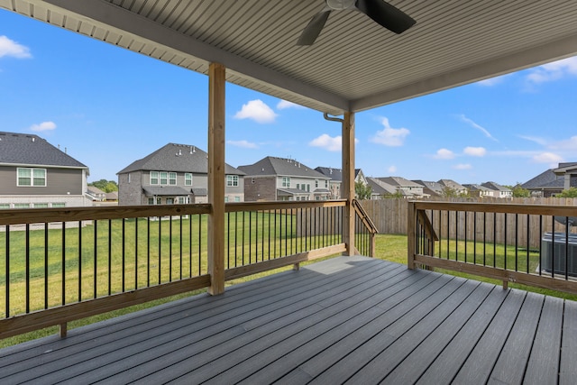 deck with a ceiling fan, a residential view, a fenced backyard, and a yard