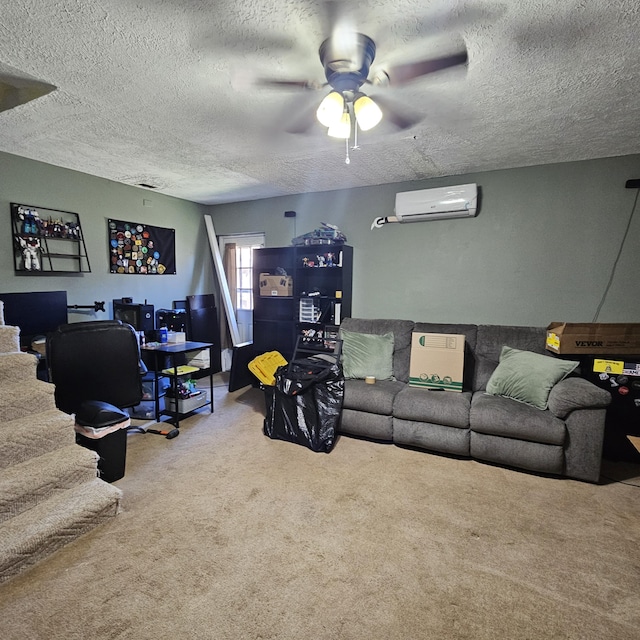 living area with carpet, a wall unit AC, ceiling fan, a textured ceiling, and stairs