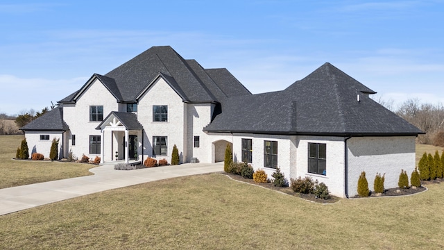 french provincial home with a shingled roof, a front lawn, concrete driveway, and brick siding