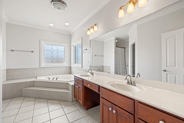 bathroom with a garden tub, double vanity, a sink, crown molding, and tile patterned floors