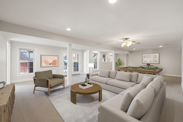 living room featuring recessed lighting, pool table, and baseboards