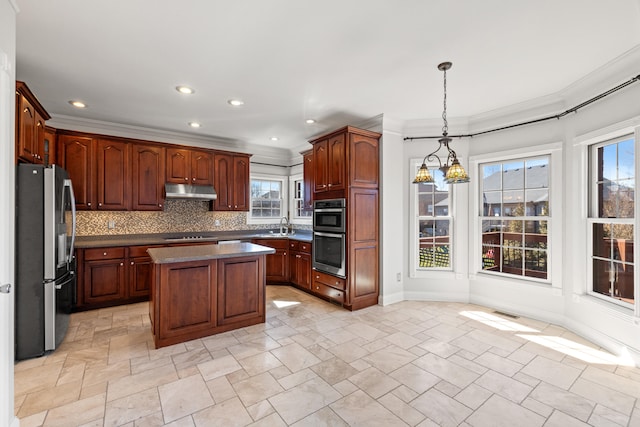 kitchen featuring ornamental molding, under cabinet range hood, plenty of natural light, stainless steel appliances, and decorative backsplash