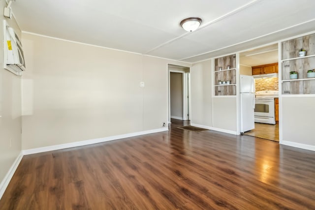 unfurnished living room with dark wood-style flooring and baseboards