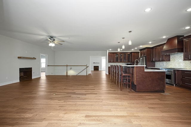 kitchen featuring tasteful backsplash, appliances with stainless steel finishes, light wood-style floors, dark brown cabinets, and premium range hood