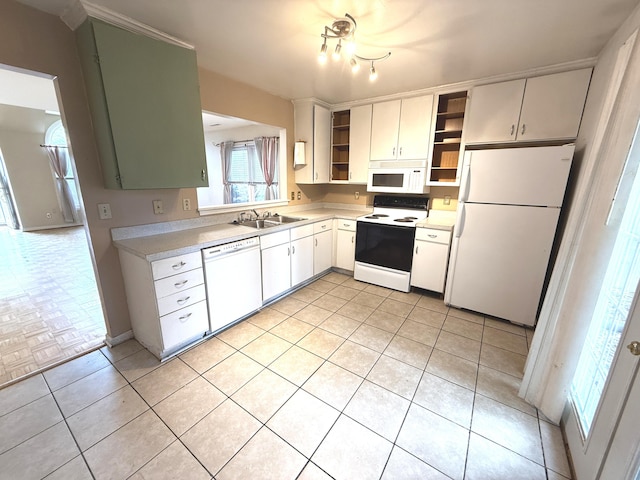 10509 Bay Pointe Ct, Louisville, KY 40241 - kitchen featuring white appliances, open shelves, light countertops, light tile patterned floors, and white cabinets