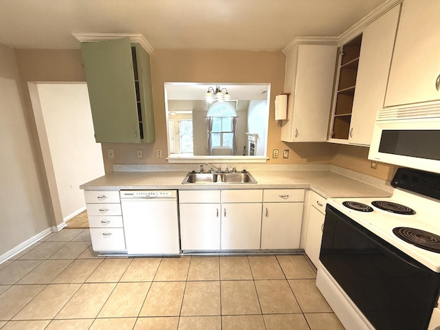 10509 Bay Pointe Ct, Louisville, KY 40241 - kitchen featuring white appliances, open shelves, light countertops, and light tile patterned flooring
