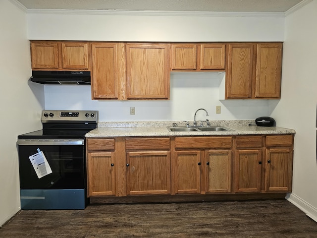 kitchen with electric range, dark wood finished floors, crown molding, under cabinet range hood, and a sink