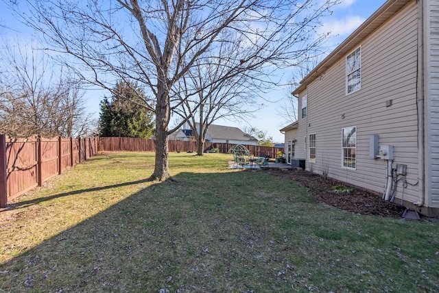 view of yard featuring a fenced backyard and a patio