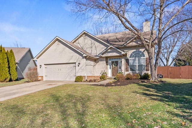 view of front facade with driveway, a garage, a chimney, fence, and brick siding