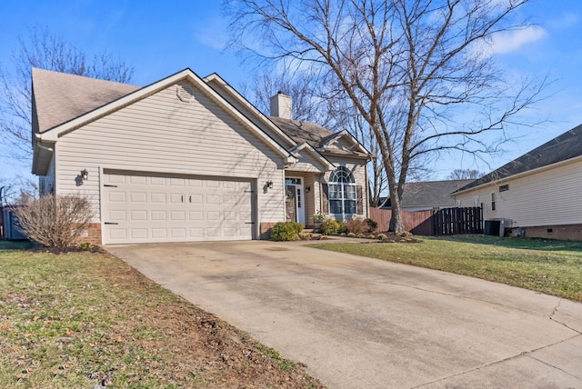 view of front of property featuring a garage, concrete driveway, a chimney, fence, and a front lawn