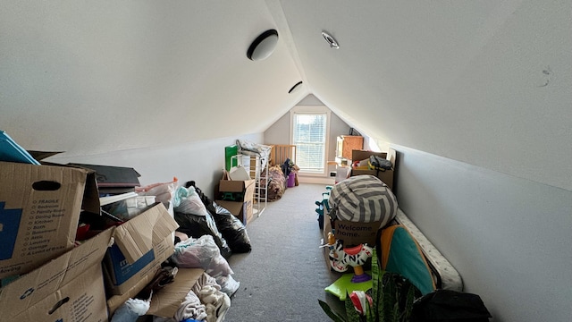 interior space with carpet floors and lofted ceiling