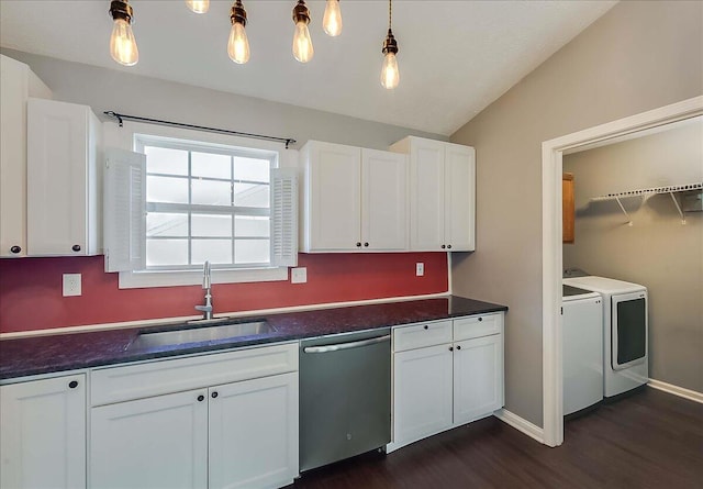 kitchen with a sink, white cabinets, and stainless steel dishwasher