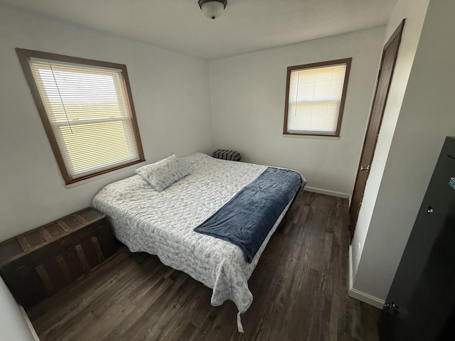 bedroom featuring dark wood-style floors, multiple windows, and baseboards