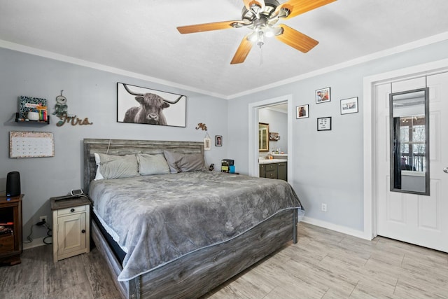 bedroom with baseboards, a ceiling fan, connected bathroom, light wood-style flooring, and crown molding