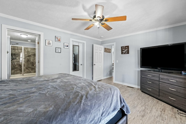 bedroom with light wood finished floors, visible vents, ceiling fan, ornamental molding, and a textured ceiling