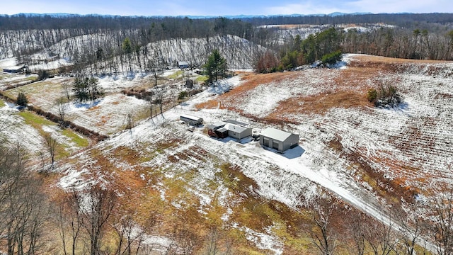 snowy aerial view with a wooded view