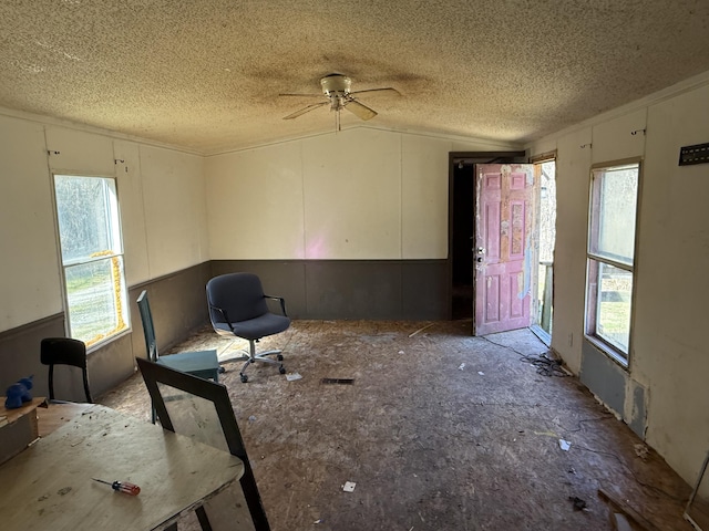 misc room with wainscoting, vaulted ceiling, and a textured ceiling