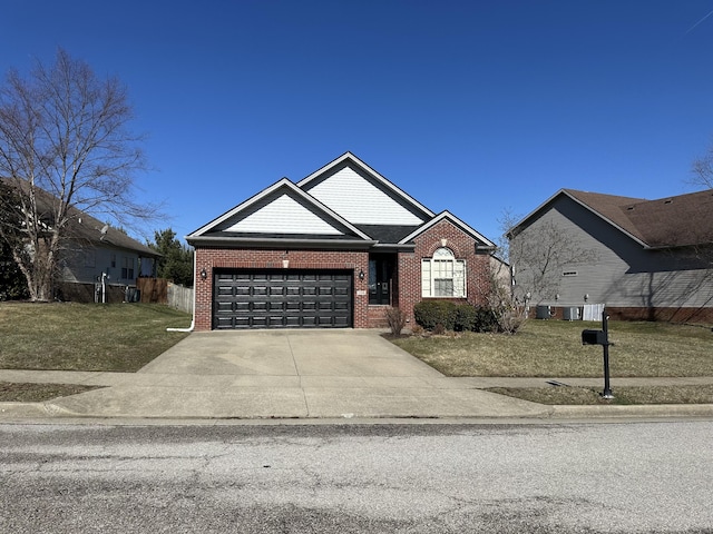 view of front of property featuring a garage, brick siding, concrete driveway, and a front yard