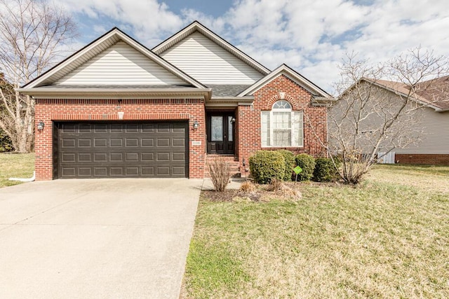 ranch-style home featuring a front yard, a garage, brick siding, and driveway