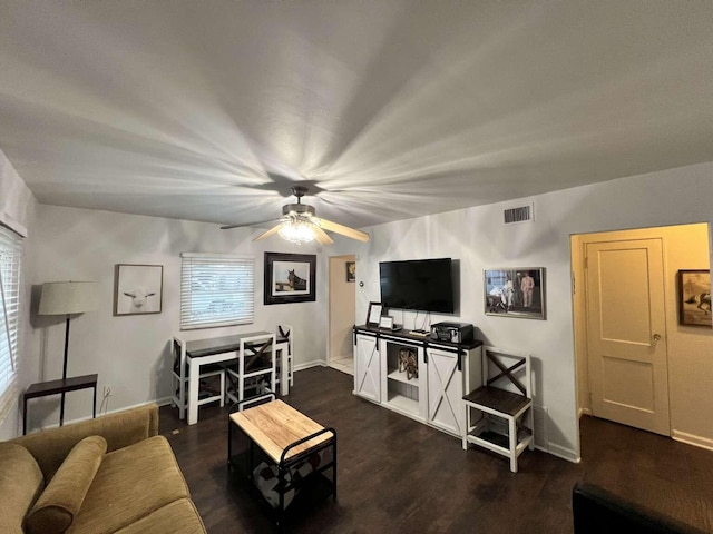 living area featuring ceiling fan, wood finished floors, visible vents, and baseboards