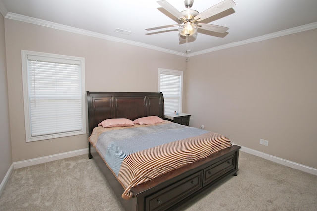 bedroom featuring light carpet, baseboards, visible vents, and crown molding