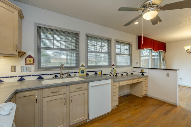 kitchen with dishwasher, decorative backsplash, light wood-style flooring, a ceiling fan, and a sink