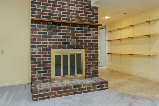 details with recessed lighting, baseboards, a brick fireplace, and carpet flooring
