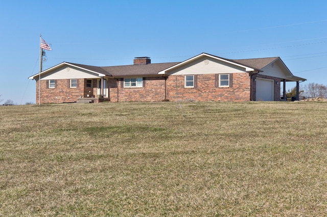 single story home with an attached garage, a chimney, a front lawn, and brick siding