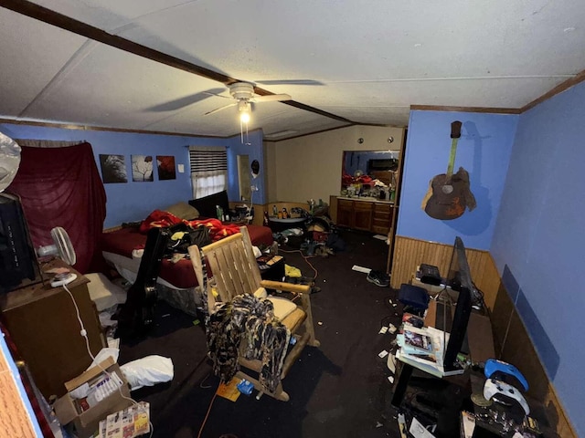 bedroom with a ceiling fan and lofted ceiling