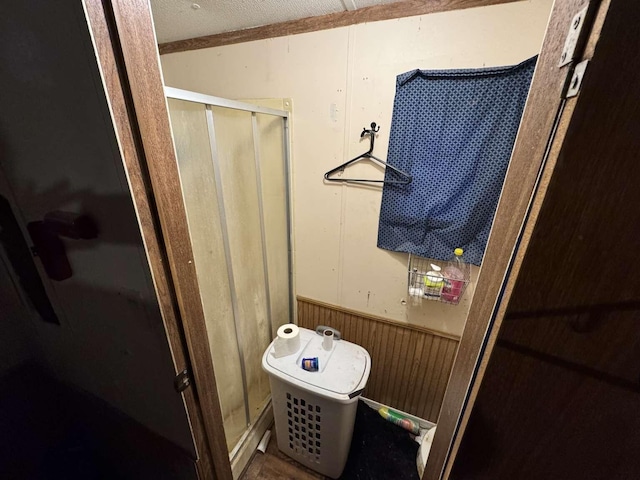 bathroom with a wainscoted wall, wooden walls, and a shower stall